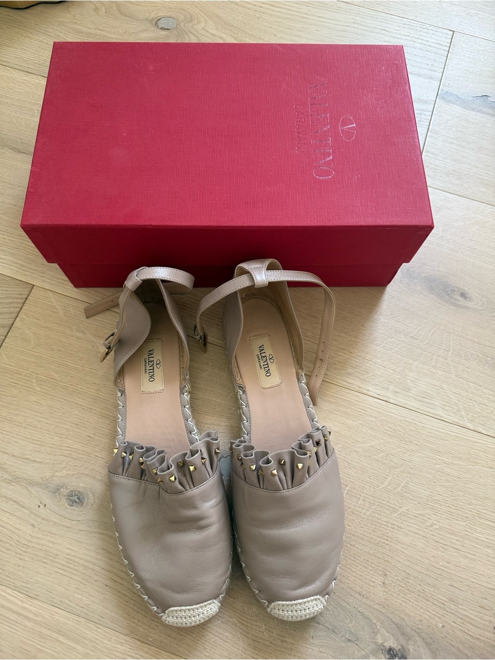 Valentino Garavani Taupe Leather Espadrille Flats - Size 39